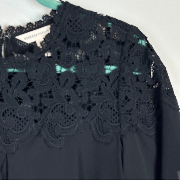 Rebecca Taylor Black Silk Georgette Lace Ruffle Short Sleeve Blouse 4 - Picture 3 of 8